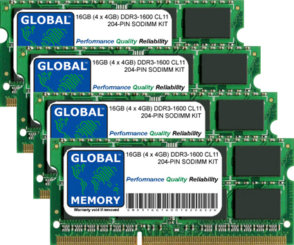 16GB (4 x 4GB) DDR3 1600MHz PC3-12800 204-PIN SODIMM MEMORY RAM KIT FOR LAPTOPS/NOTEBOOKS